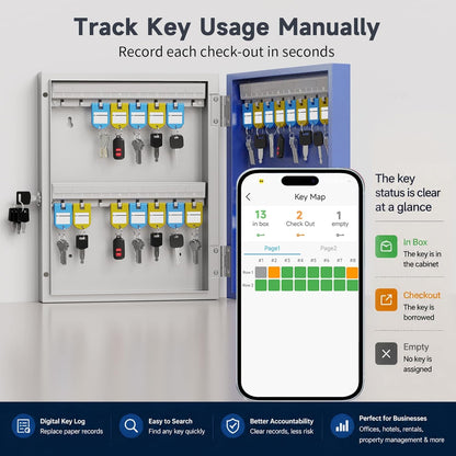 32 Key Lock Box Wall Mount, Smart Security Storage Lockbox with Key Tags, Key Cabinet Use APP Bluetooth/Fixed/Dynamic Password/Otp Share Unlock, Key Management for Valets/Realtors/Office/Hotel